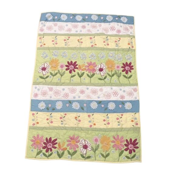 Vtg Pottery Barn Kids Discontinued Green Daisy Garden Full Quilt And 2 Sham Set - Picture 2 of 12